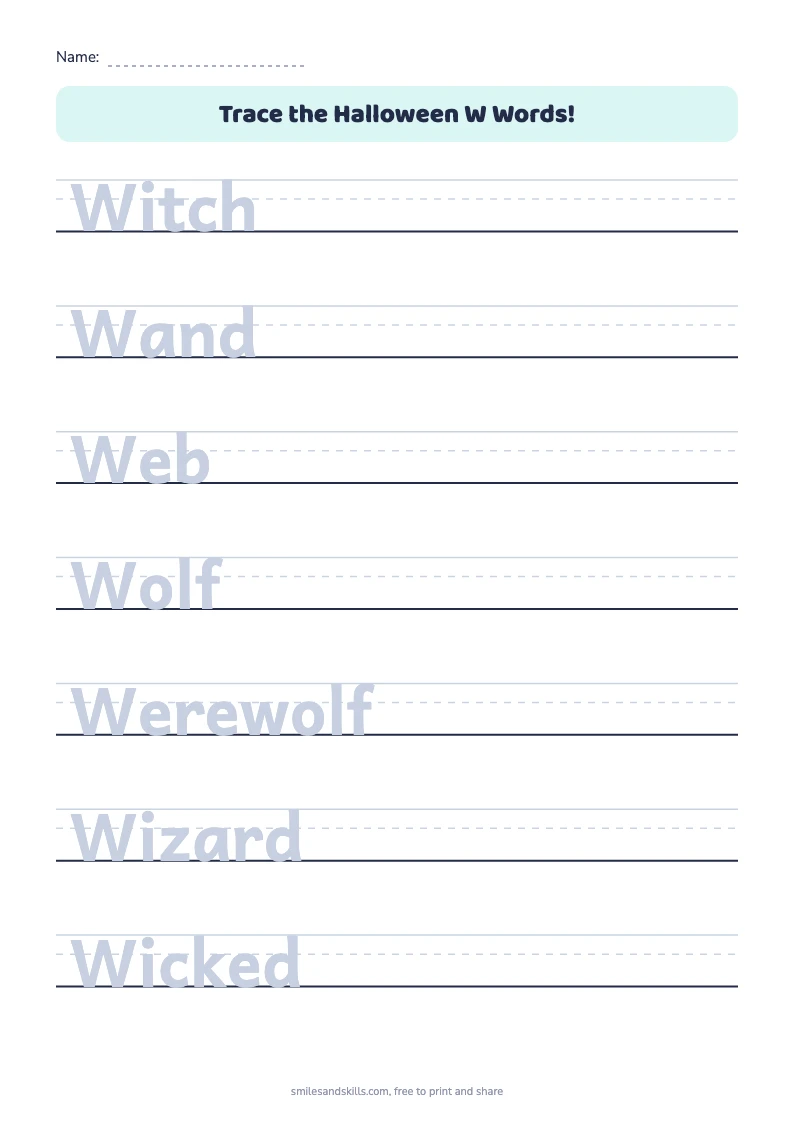 Tracing sheet for Halloween words starting with W on handwriting rules