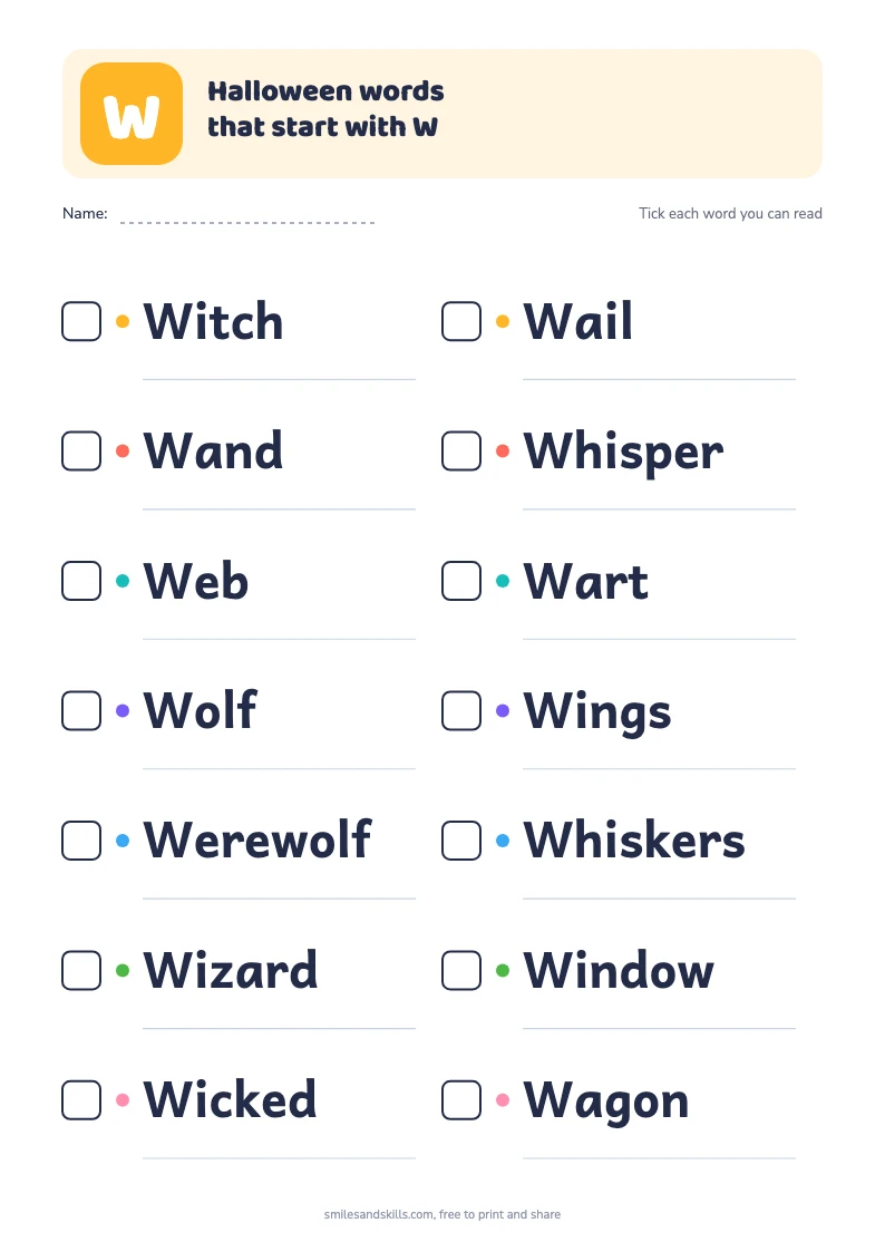 Printable list of 14 Halloween words starting with W, each with a tick box