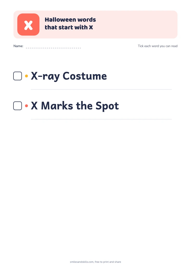 Printable list of 2 Halloween words starting with X, each with a tick box