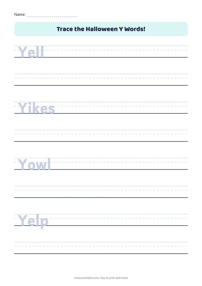 Tracing sheet for Halloween words starting with Y on handwriting rules