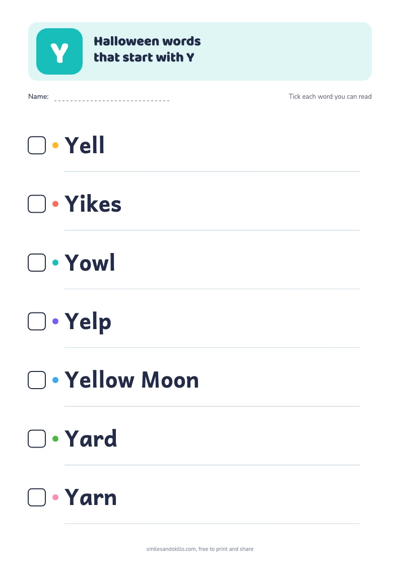 Printable list of 7 Halloween words starting with Y, each with a tick box
