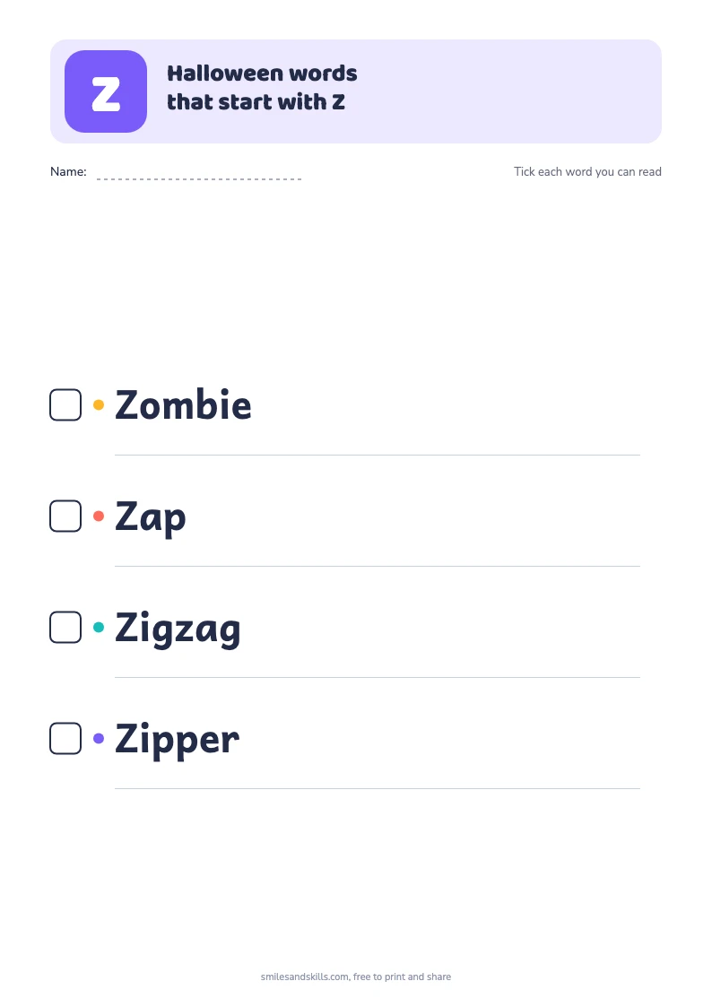 Printable list of 4 Halloween words starting with Z, each with a tick box